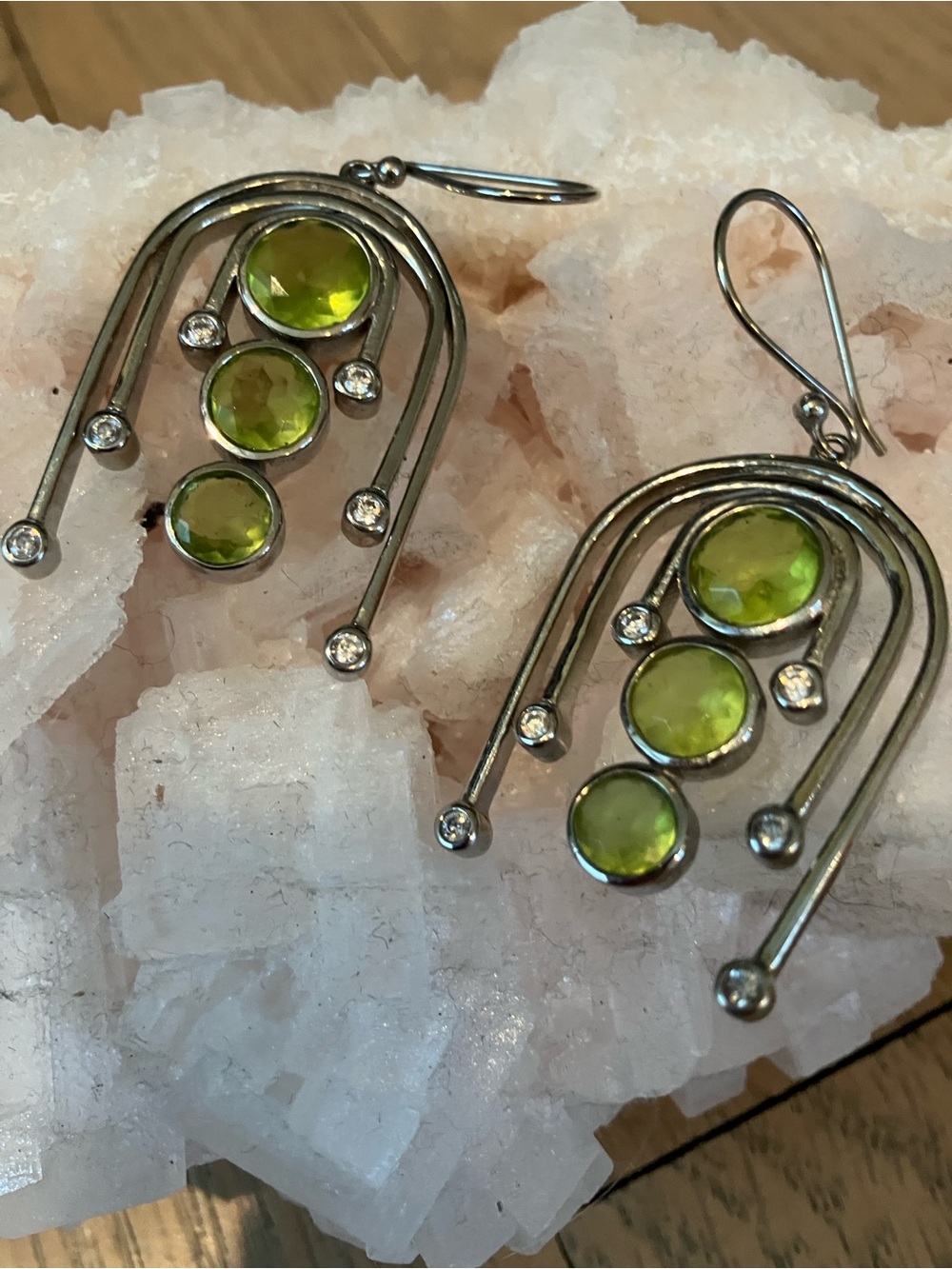 Silver Dangle Earrings with Peridot Green Stones